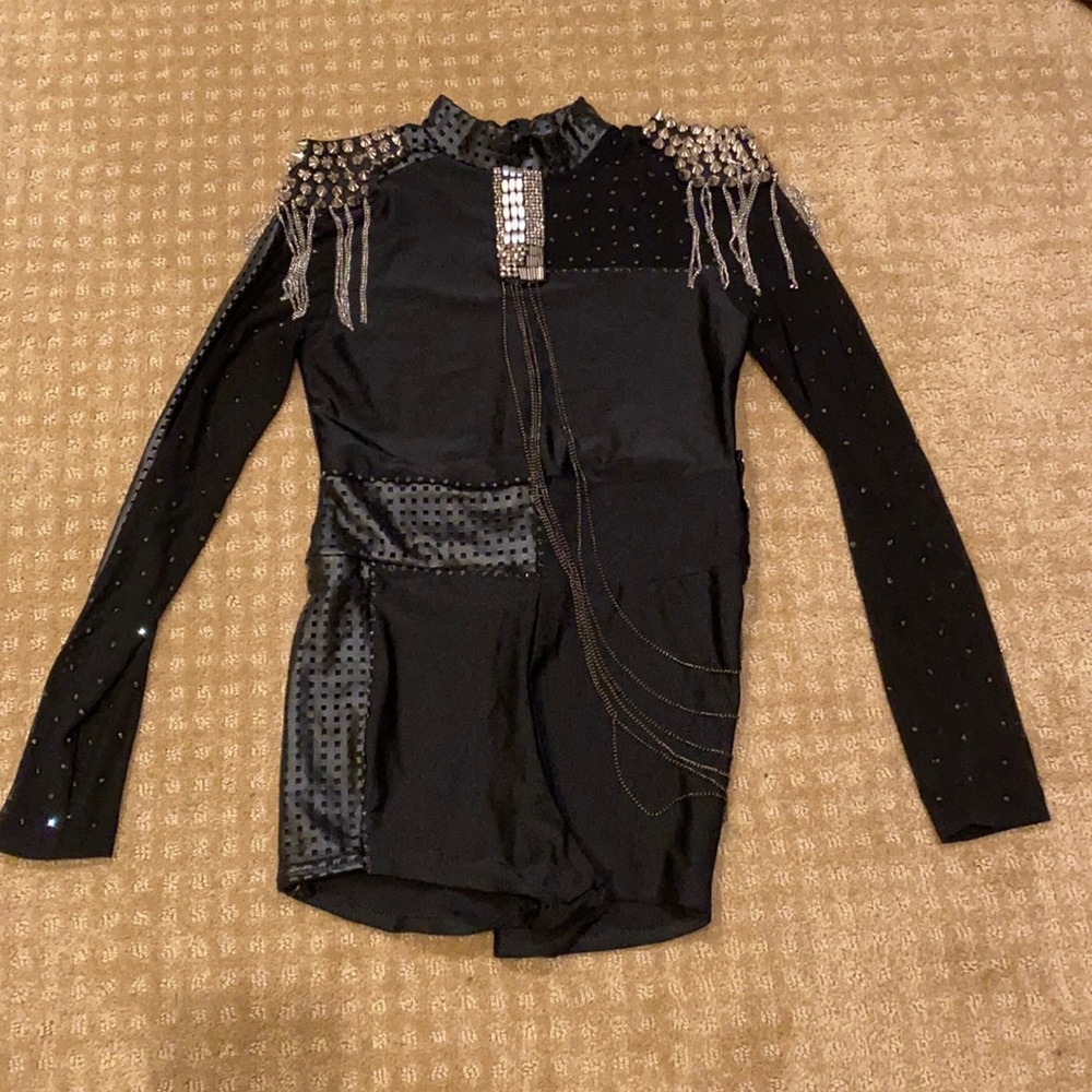 Girls Custom Black Dance Costume with Silver Spikes and Chains